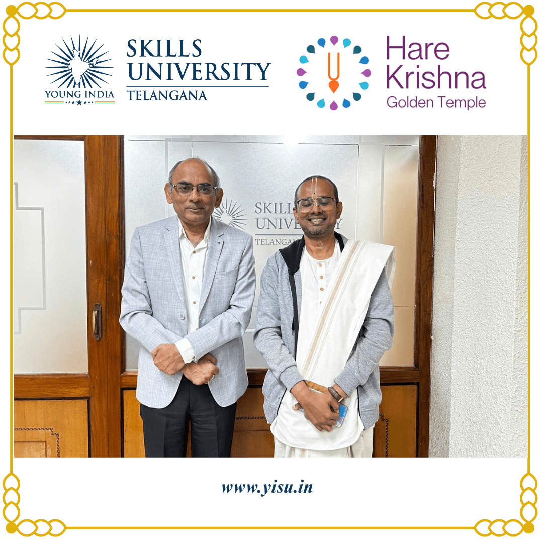 A detailed collaborative meeting between YISU and  Hare Krishna representatives was held at YISU Hyderabad, to lay out the action plan for the skilling ecosystem to implement student nourishment schemes in Telangana. As part of this initiative,  the establishment of a dedicated kitchen within the YISU main campus so as to provide wholesome food to students through breakfast & mid-day meal supply across the district, was discussed. This collaboration reflects YISU’s commitment to inclusive care, social responsibility, and the holistic development of its student community. image 3